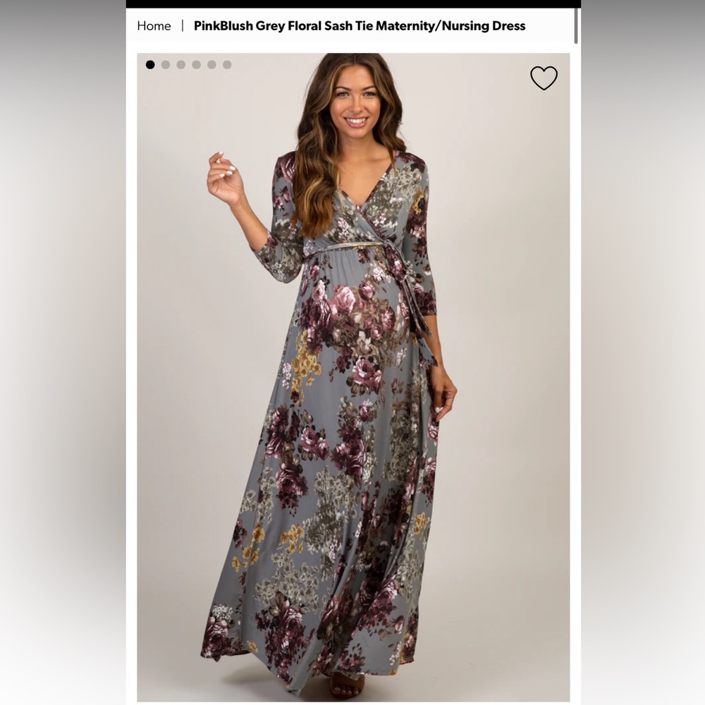 PinkBlush Grey Floral Sash Tie Maternity/Nursing Dress